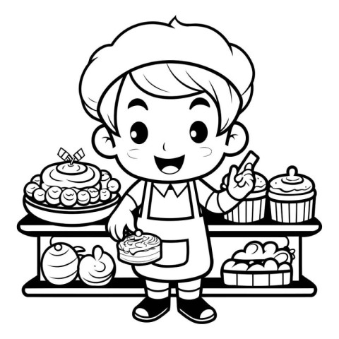 Black and White Cartoon Illustration of Cute Little Boy Chef wit