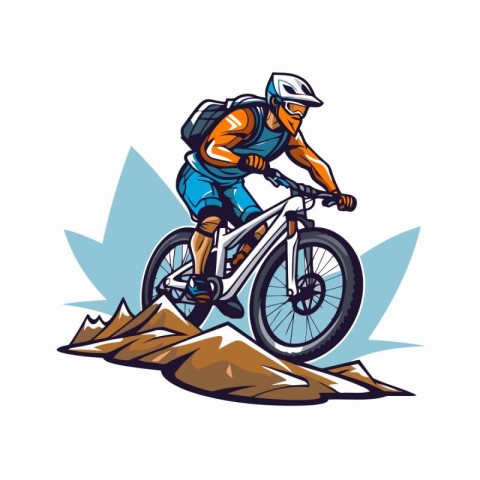 Mountain biker in sportswear riding mountain bike. Vector illust