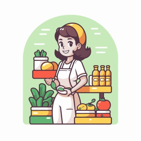 Cute woman at the grocery store. Vector illustration in cartoon