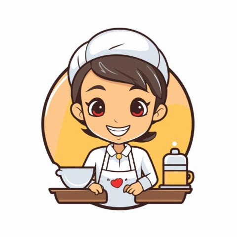 Cute little chef boy with plate and spoon cartoon vector illustr