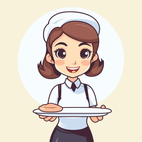 Smiling waitress holding tray of food. Vector illustration in ca