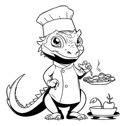 Illustration of a cute little crocodile chef with a plate of foo