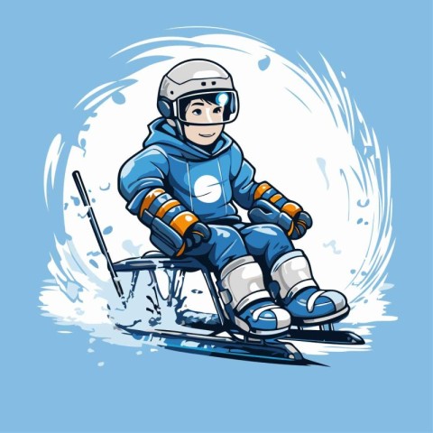 Vector illustration of a skier in a helmet and glasses on skis.