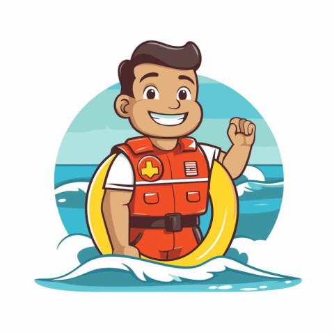 Lifeguard with lifebuoy on the sea. Vector illustration.