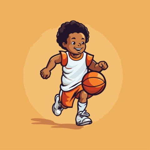 African american boy playing basketball. cartoon vector illustra