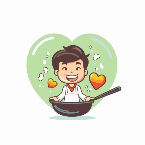 Cute chef boy cartoon character in love cooking food vector Illu