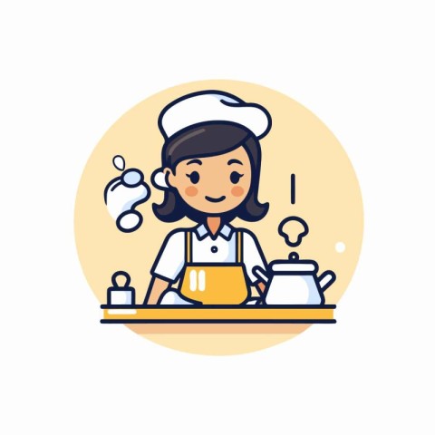 Girl cooking in kitchen. Vector illustration in flat style. Girl