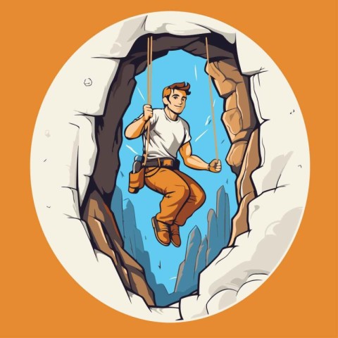 Vector illustration of a man climbing in a hole in the rock.