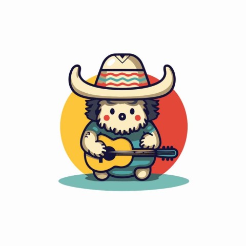 Cute cartoon bull in sombrero playing guitar. Vector illustratio