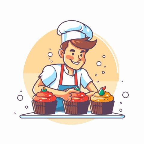 Chef with cupcakes. Vector illustration in a flat style.