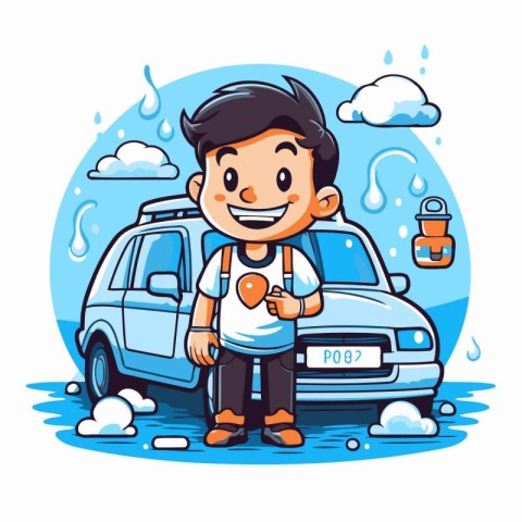 Cartoon boy washing his car. Vector illustration on white backgr