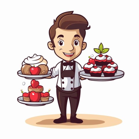 Cute cartoon waiter holding a tray of cakes. Vector illustration