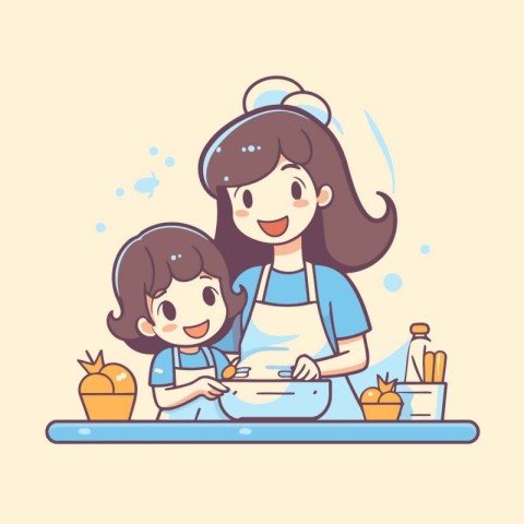 Mother and daughter cooking in the kitchen. Vector illustration