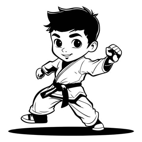 Karate boy with a black belt. Black and white vector illustratio