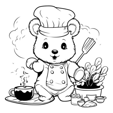 Black and White Cartoon Illustration of Cute Bear Chef for Color