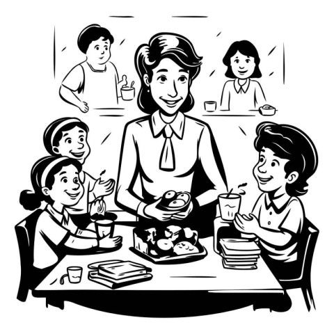 People eating in the cafe. Black and white vector illustration f