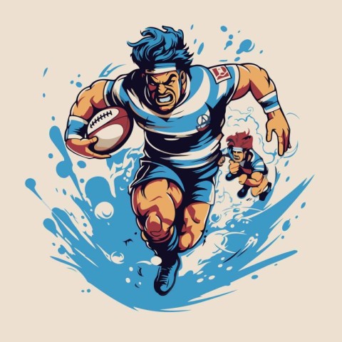 Rugby player with ball. Vector illustration in retro style.