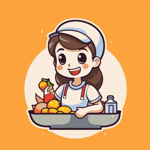 Cute cartoon chef girl holding a plate of fresh fruits and veget