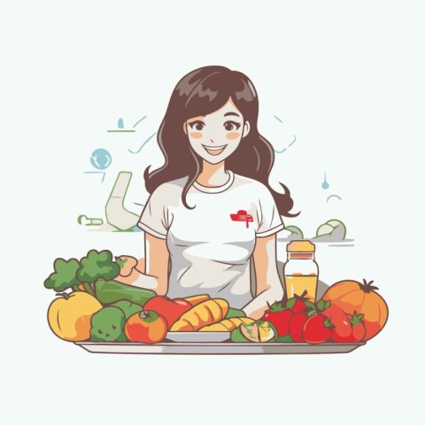 Vector illustration of a girl in a white T-shirt preparing healt