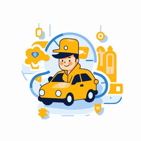 Taxi service. Vector illustration in flat style. Yellow car with