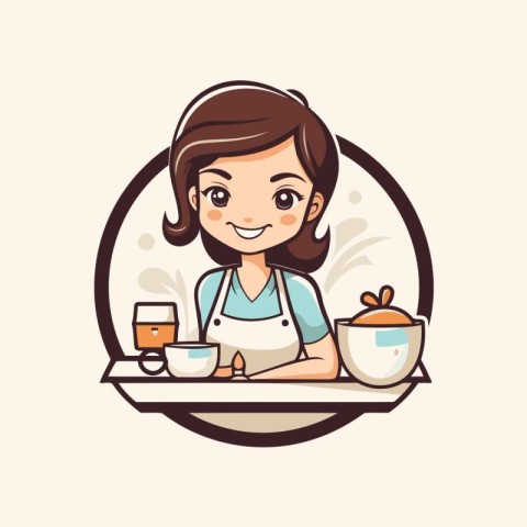 Cute little girl in apron drinking tea. Vector illustration.