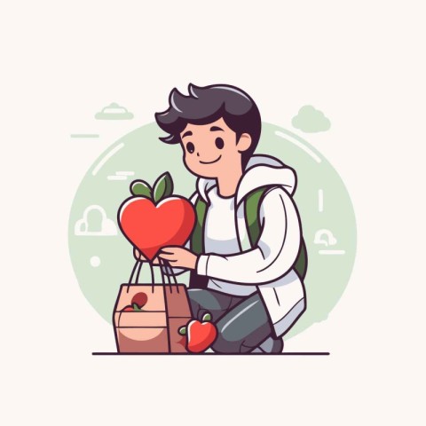 Vector illustration of a boy with a backpack and a red heart in