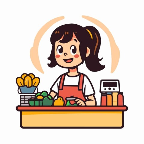 Cute little girl cooking at the kitchen. Cartoon vector illustra