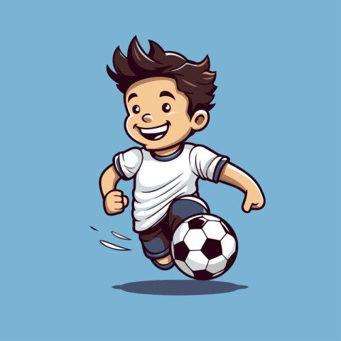 Cartoon soccer player running with ball on blue background. Vect