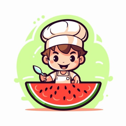 Cute little chef boy with slice of watermelon. Vector illustrati