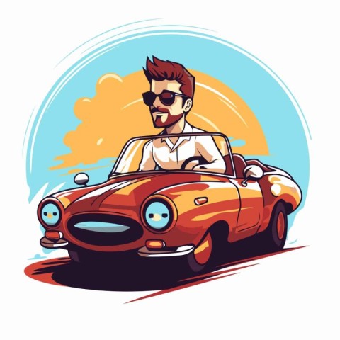 Hipster man driving a vintage car on the road. Vector illustrati