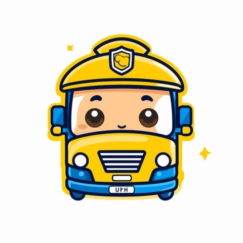 Cute cartoon school bus driver with smiling face. Vector illustr