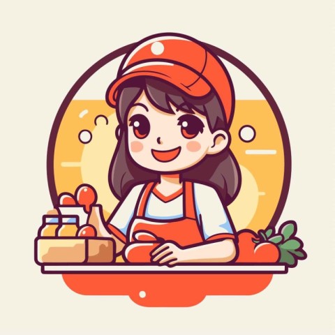 Cute cartoon girl in a red cap and apron cooking in the kitchen