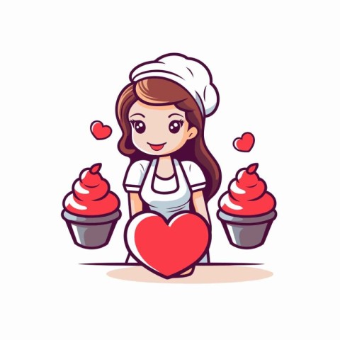 Cute cartoon chef girl with heart and cupcakes. Vector illustrat