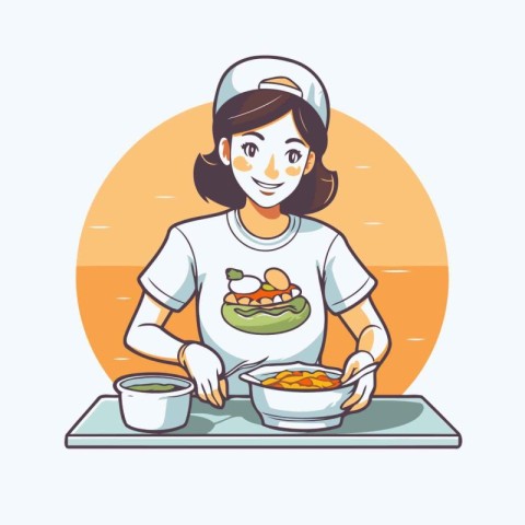 Illustration of a woman in a white T-shirt with a bowl of food