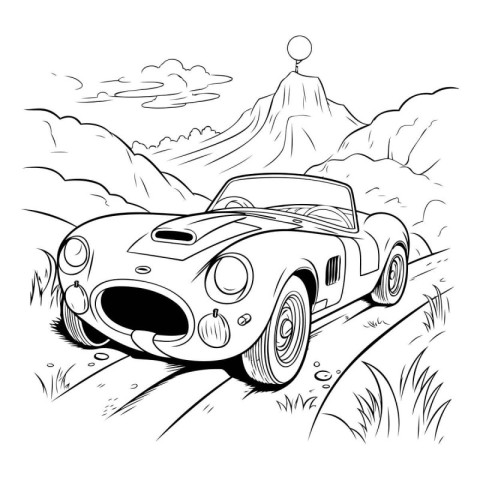 vintage car on the road in the mountains. vector illustration.