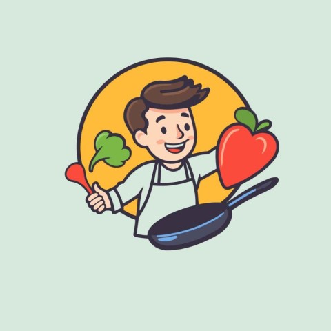 Vector illustration of a man cooking in a pan. Cartoon style.