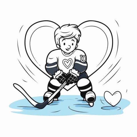 Ice hockey player with stick and puck in the heart. Vector illus