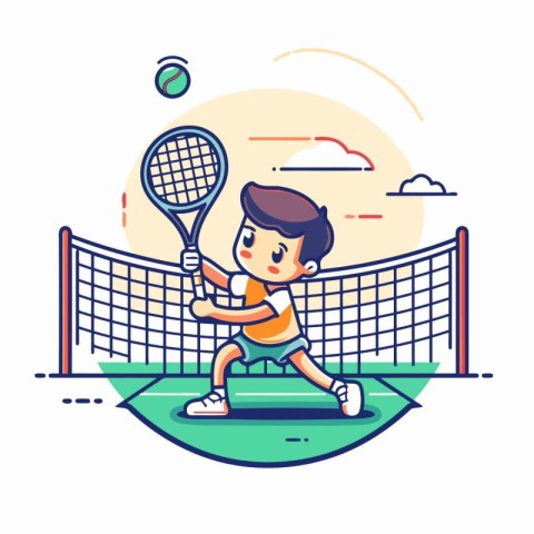 Young boy playing tennis. Sport and recreation. Vector illustrat