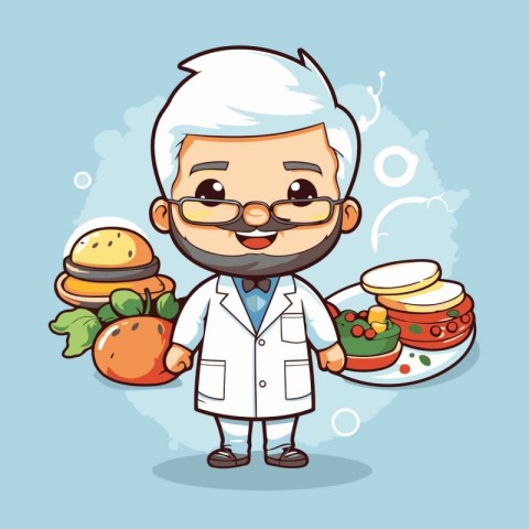 Cartoon scientist with healthy food. Vector illustration of a sc