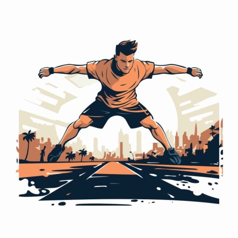 Running man on the road. Vector illustration in grunge style.