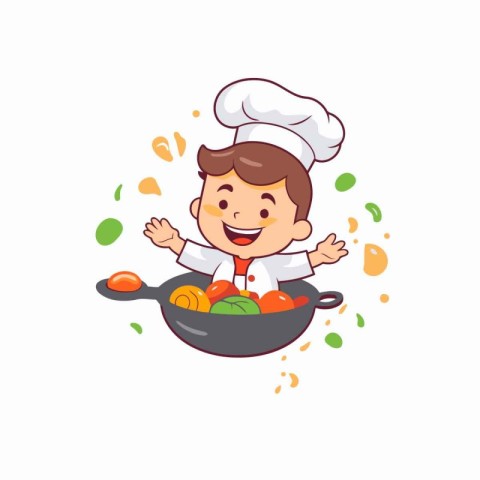 Cute little boy chef with a pan of vegetables. Vector illustrati