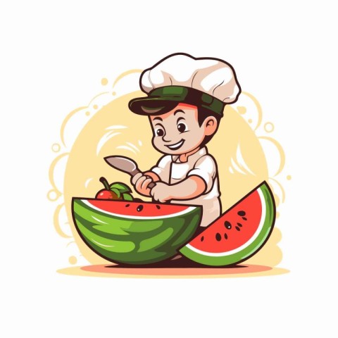 Little boy in chef hat and apron eating watermelon. Vector illus