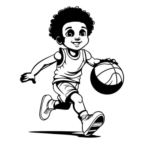 Cartoon black and white illustration of a little boy playing bas