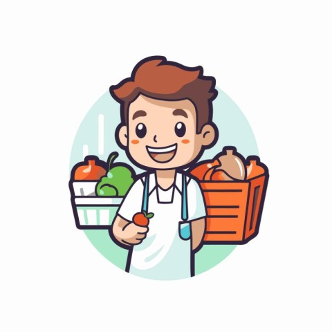 Cute boy holding basket full of healthy food. Vector illustratio