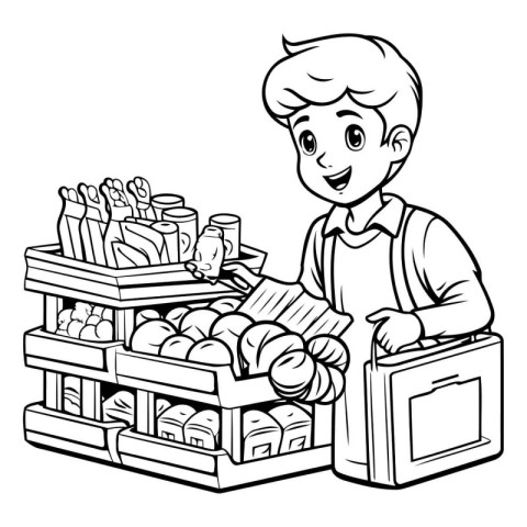 Black and White Cartoon Illustration of Boy Selling Groceries or