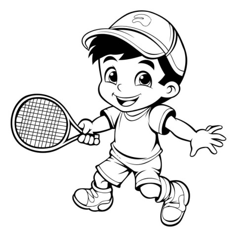 Cute Little Boy Playing Tennis - Black and White Cartoon Illustr