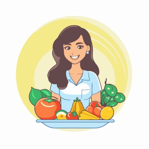 Vector illustration of a woman holding a plate with fruits and v