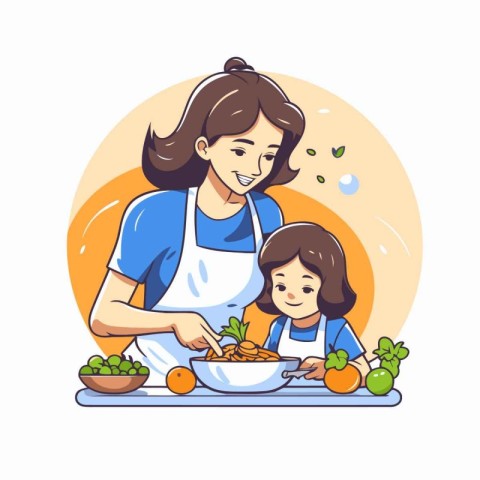 Mother and daughter cooking together. Vector illustration in car