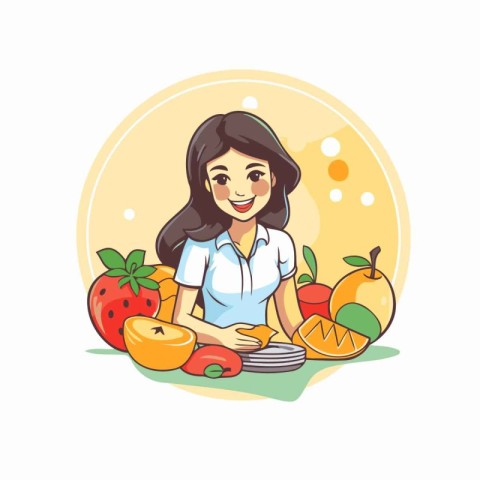 Vector illustration of a young woman with fruit in her hands. He