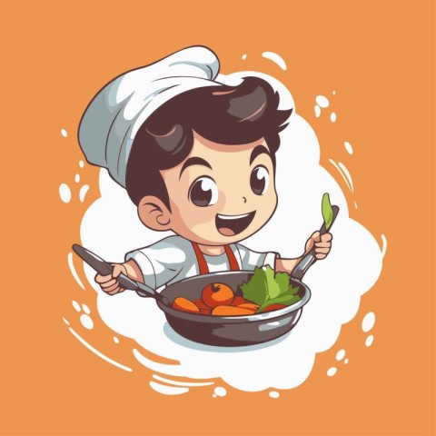 Cartoon boy cooking with spoon and pan. Vector illustration isol